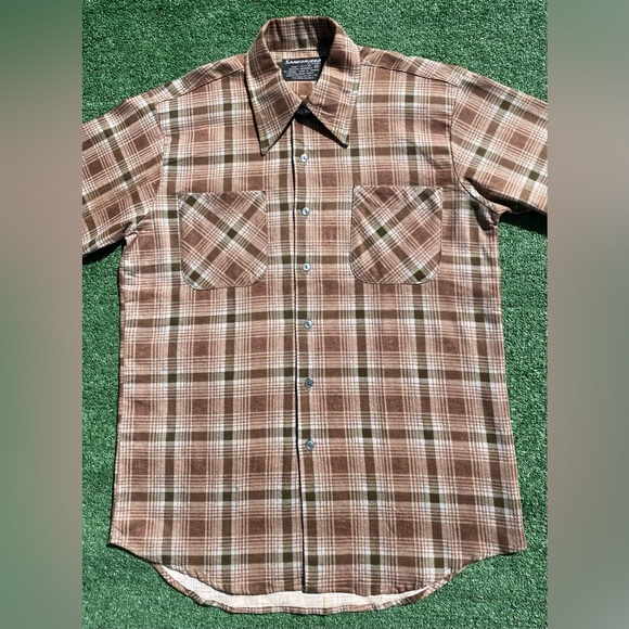 Vintage 60’s Sanforized Brown Plaid Cotton Flannel Lightweight Shirt Mens Medium - Picture 3 of 9